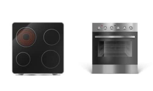 su uno sfondo bianco, a destra un tipico forno da cucina e a sinistra dei fornelli a piastra