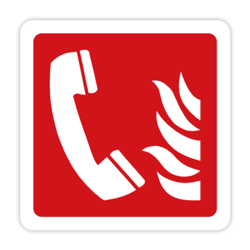 segnaletica di emergenza che indica un telefono di emergenza per chiamarèi servizi di emergenza, è rosso con il disegno di un telefono bianco e le fiamme bianche